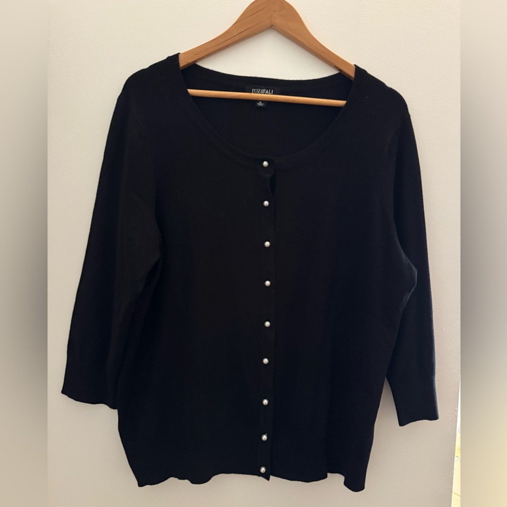 Roz & Ali Black Cardigan with Pearl Accent